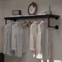 Clothes Rack 42in, Wall Mounted Garment Racks with Real Black Wood Shelf, Heavy Duty Hanging Clothes Rack, Multi-Purpose Hanging Rod, Space-Saving Closet Storage