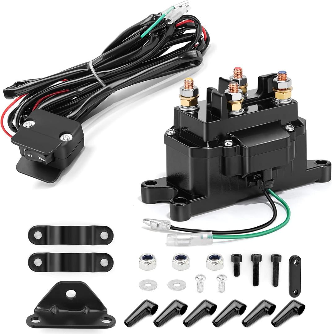 12V 250A Winch Solenoid Relay Contactor Truck for ATV UTV 2000-5000lbs with & Contactor Winch Rocker Thumb Switch Kit and 6 Protecting Caps, for 63070, 62135, 74900, 2875714, 70715
