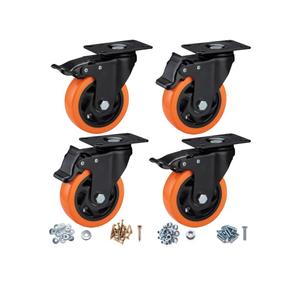 4" Caster Wheels, Casters Set of 4 Heavy Duty - Orange Polyurethane Castors, Top Plate Swivel Wheels, 4-Pack Industrial Casters with Brake, Locking Caster for Furniture and Workbench
