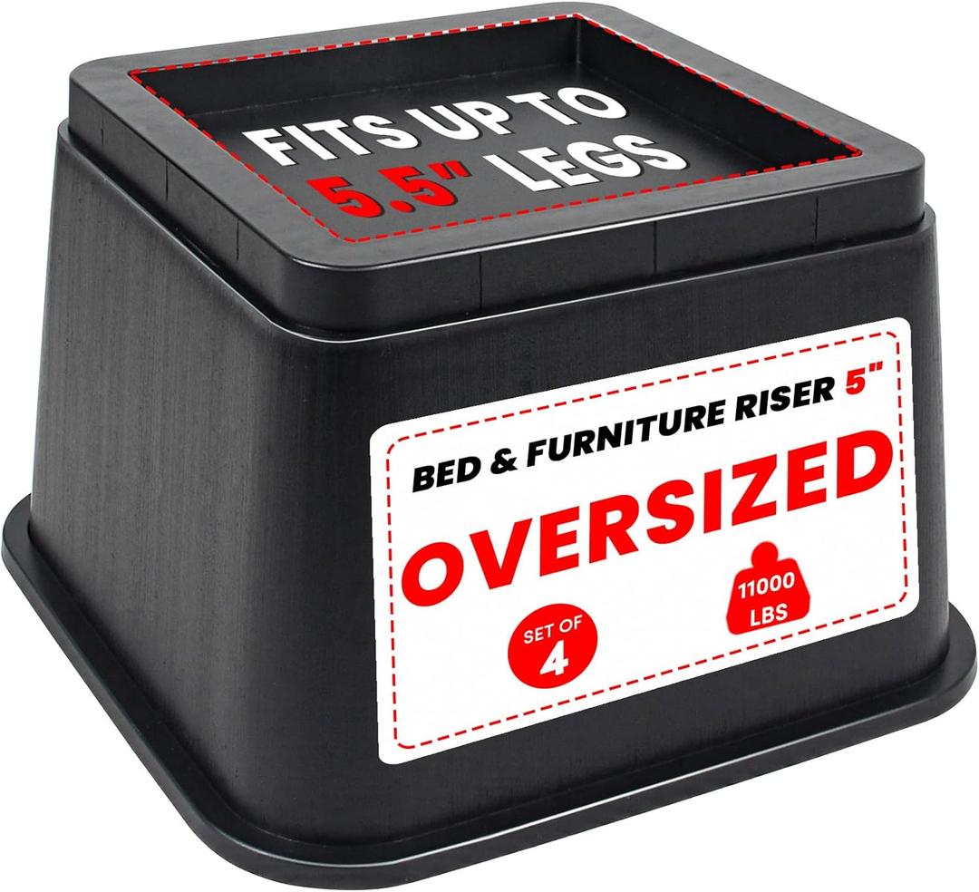DEDU Oversized Bed Risers Heavy Duty 5 Inch 4 Pack, Furniture Risers for Sofas Stackable Supports Up to 11000 Lbs, Square Bed Raising Blocks Fits 5.5 Inch Wide Desk or Couch (Black)