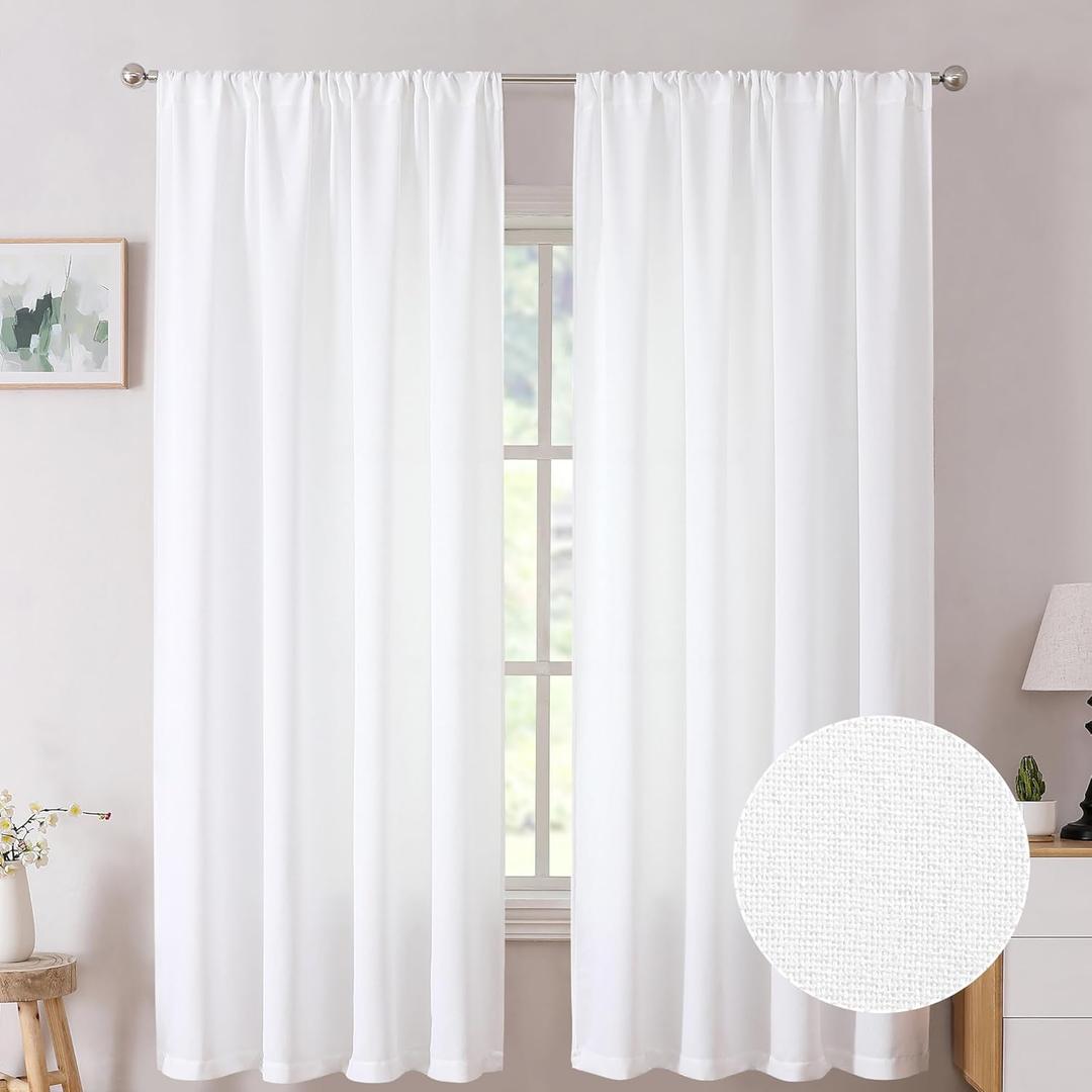 Tollpiz Short Linen Curtains Bedroom Rod Pocket Semi Sheer Curtain Burlap Light Filtering Thick Linen Drapes for Living Room, 38 x 45 inches Long, White, Set of 2 Panels