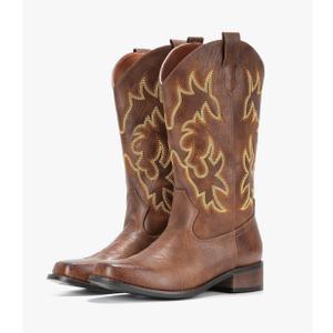 IUV Cowboy Boots For Women Square Toe Cowgirl Boots Mid Calf Western Boots Pull On Fashion Cowboy Boots 9
