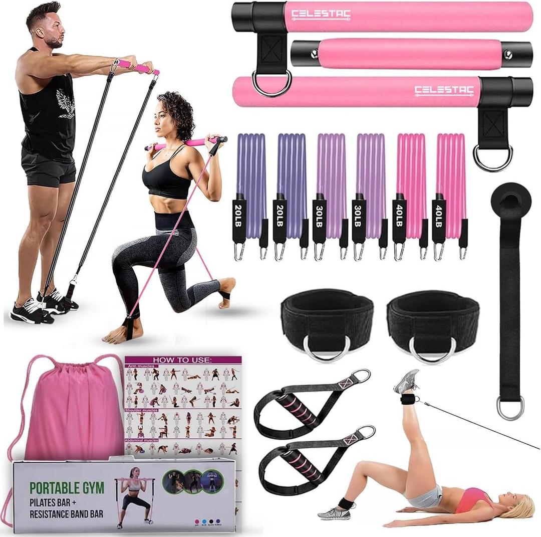 Pilates bar kit | Home Gym Exercise Equipment | Portable Pilates Reformer | Workout with Resistance Bands 20, 30, 40lbs for Women & Men Fitness Essentials (Pink)