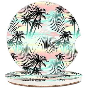 Ceramic Cup Holders Car Coasters for Women/ Men, Fashion Absorbent Drink Cup Car Holder Coasters with A Finger Notch 2.56" Pack of 2, Palm Tree Summer Beach