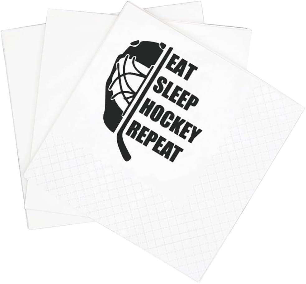 SharkBliss Funny Hockey Quotes Cocktail Napkins, 100 Pack - Eat Sleep Hockey Repeat Saying Disposable Beverage Bar Paper Cocktail Napkins For Party Table Decor - 2-Ply, 5x5