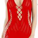 Women Fishnet Babydoll Lingerie Chemise Halter Nightwear Mini Teddy Dress One Size (Red)