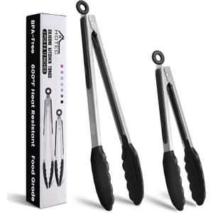 HOTEC Premium Stainless Steel Locking Kitchen Tongs with Silicon Tips, Set of 2-9" and 12" (2 pack:Black)