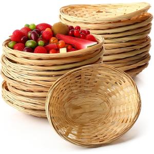 24 Pack Oval Bamboo Basket Tray 9.25 x 6 Inches Bamboo Small Bread & Fruit Baskets Woven Food Serving Tray for Kitchen Restaurant Display Decoration