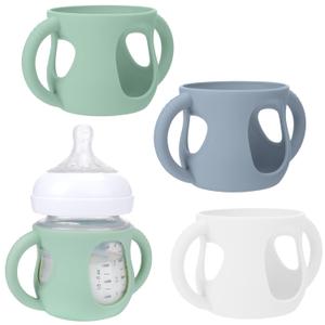 BUSOHA 3 Pack Silicone Sleeves for Avent Baby Bottles - Anti Breakage Baby Bottle Holder with Handle for Avent Natural Glass Baby Bottles,Compatible with Avent Baby Bottle,4 oz (Dark Green+White+Dark Blue)