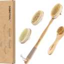Dry Brushing Set - Natural Boar Bristle Body & Face Brush, Wooden Long Handle Scrub Brush for Cellulite & Lymphatic Drainage, Detachable, 3 Brush Heads