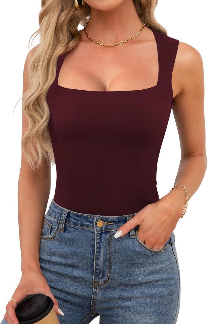 OwnTime Womens Square Neck Tank Tops Dressy Summer Sleeveless Shirts Sexy Going Out Fitted Trendy Tops T Shirts Blouses (S)