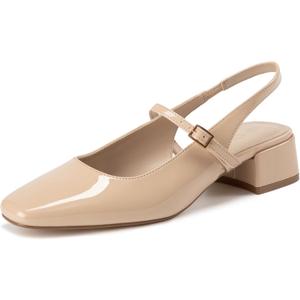 Athlefit Women's Closed Square Toe Mary Jane Heels Low Chunky Heel Slingback Dress Pumps Shoes for Work Wedding Party (9, Nude)