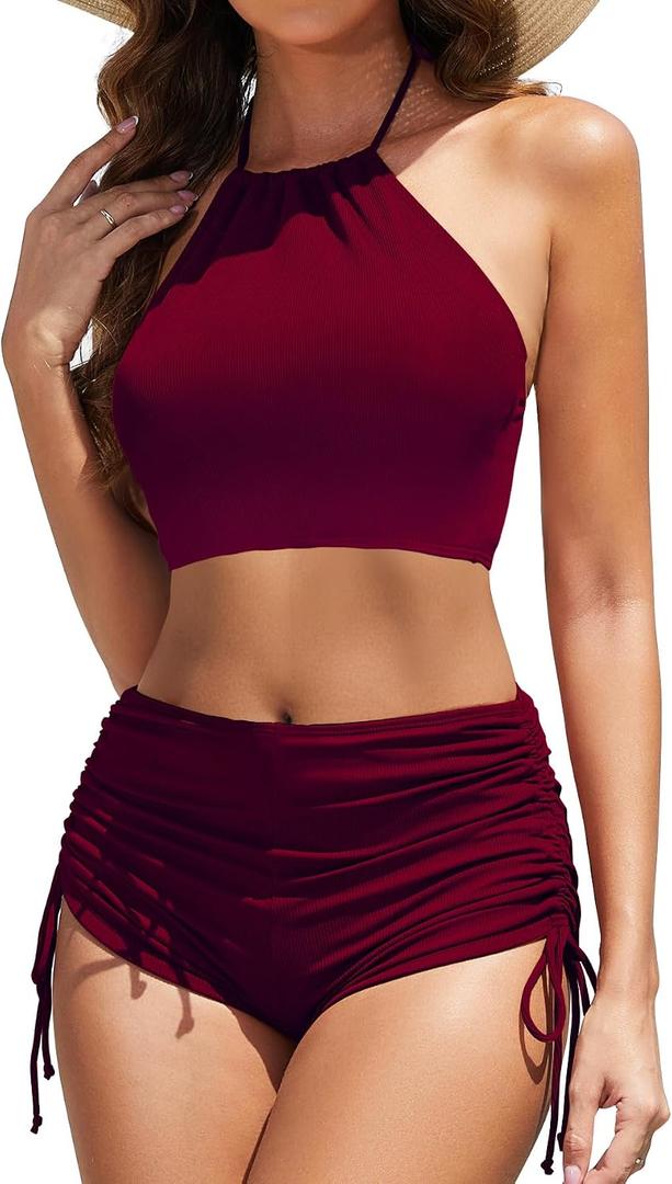 Women High Waisted Shorts Bikini Sets Tummy Control Swimsuit Two Piece Halter Drawstring Bathing Suit, Wine New XL