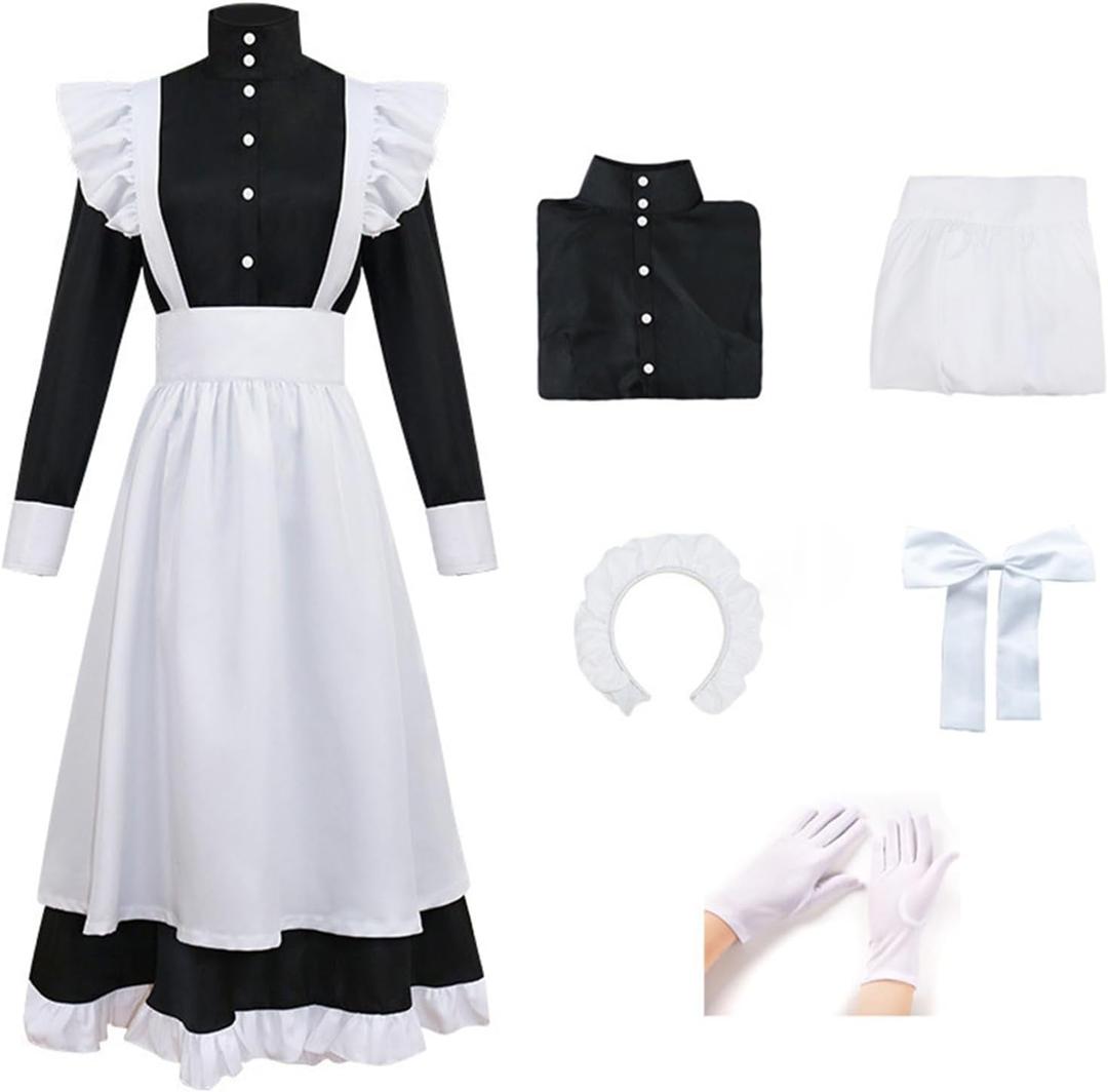 Women's Classic Maid Long Dress Black and White Apron Lolita Housekeeper Cosplay Costume Uniform (X-Large)