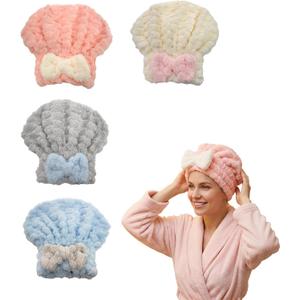 Microfiber Hair Towel 4-Pack, Fast Drying Hair Turban with Bow for Women - Soft Absorbent Hair Wraps, Shower Cap, Gray Pink Blue White