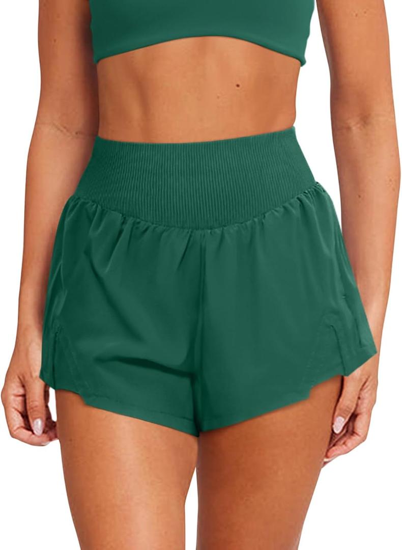 LASLULU Womens Ribbed High Waisted Gym Shorts Tummy Control Biker Workout Running Tennis Shorts with Zipper Pockets (Green, L)