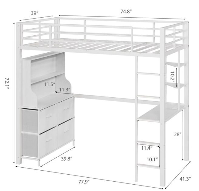 Garvee Twin White Loft Bed Frame with Desk and 4 Fabric ...