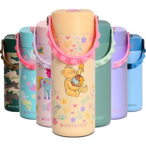 Elemental Insulated Kids Water Bottle, Stainless Steel Water Bottle with Straw Lid & Pop-It Handle, Leak-Proof Water Bottles for School, Boys or Girls, Travelling and Sports, 18oz - Classic Pooh