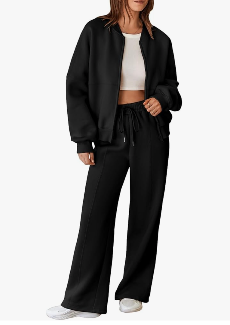 Aleumdr Women's 2 Piece Outfits Oversized Fleece Sweatsuit Zip Up Long Sleeve Sweatshirt with Wide Leg Sweatpants M