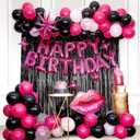 Pink and Black Birthday Decorations, Hot Pink Birthday Decorations with Banner, Fringe Curtains Foil Balloons for 13 16th 21st 25 30 40 50th Happy Birthday Decorations for Women