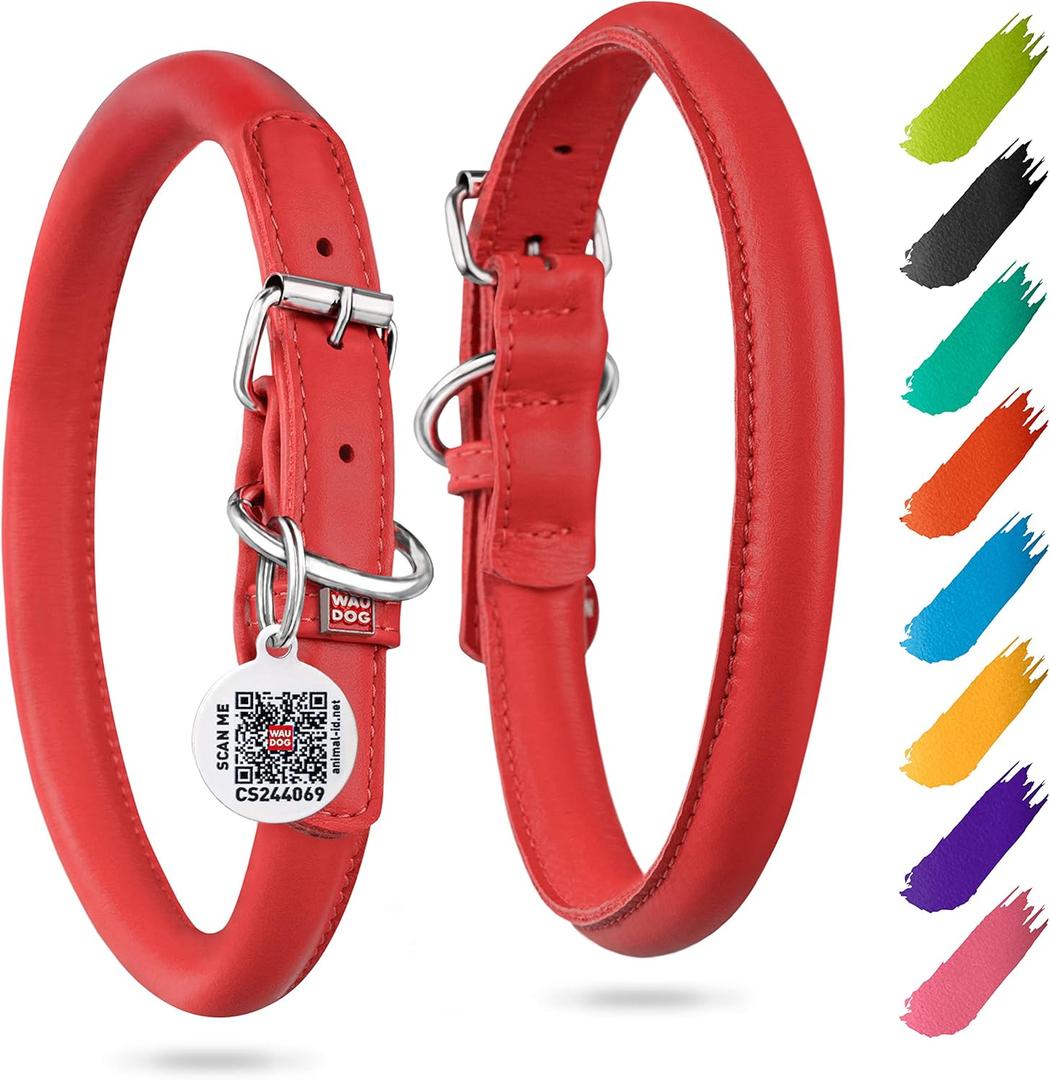 WAUDOG Ultra Soft Rolled Leather Collar - Soft Padded for Small, Medium, and Large Dogs - Puppy Collar for Male and Female Dogs (13" - 16" Neck, Red)