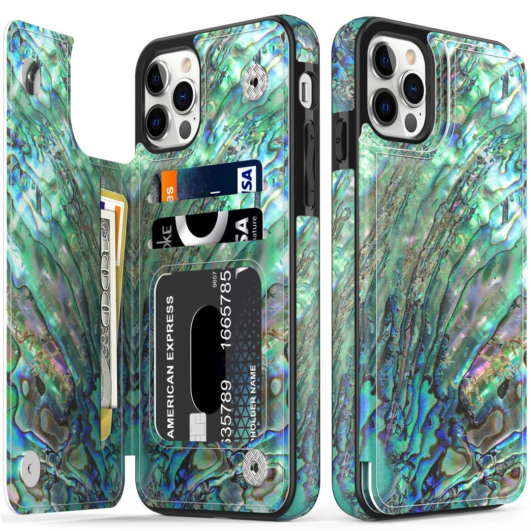 LETO for iPhone 12 Mini Pro Case,iPhone 12 Mini Case,Flip Folio Leather Wallet Cover with Fashion Flower Designs for Girls Women,Card Slots Kickstand Protective Phone Shell Green Oyster Shell
