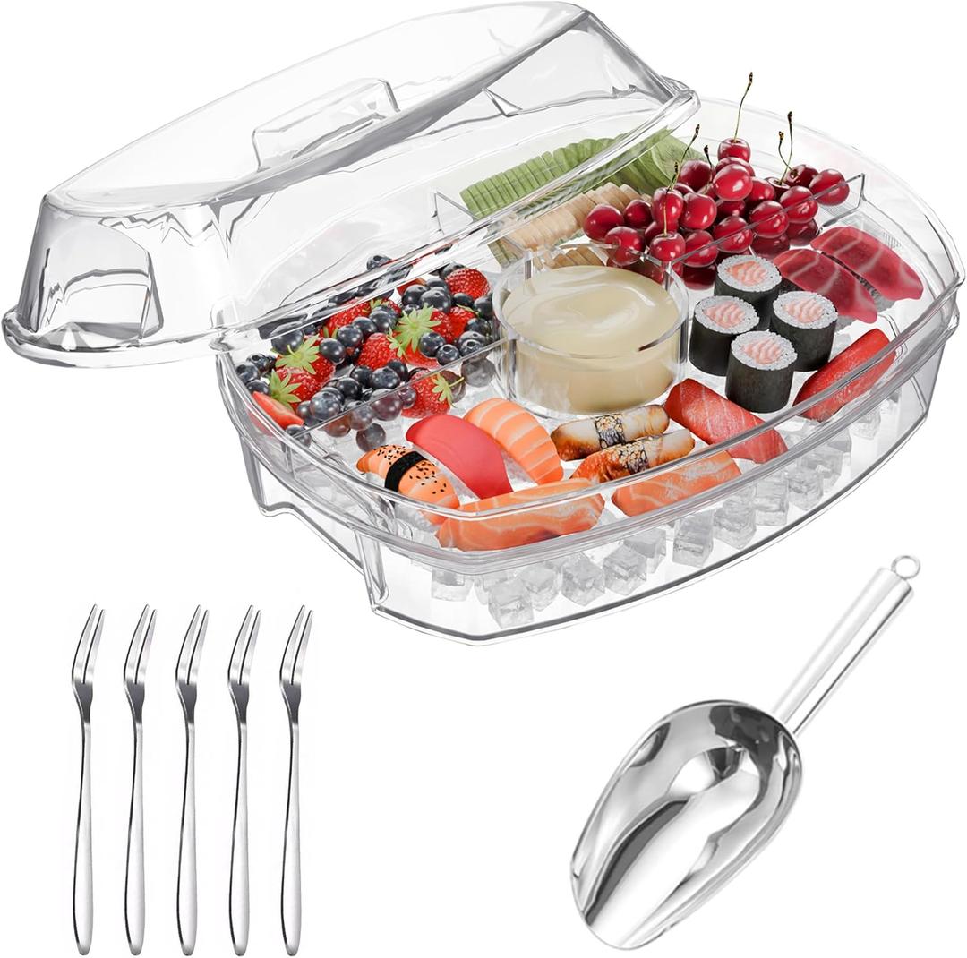 Appetizer Serving Tray on Ice with 1 Stainless Steel Ice Scoop and 5 Forks Chilled Platter with Lid, 4 Compartments for Shrimp Cocktail Fruits Veggies Seafood Dips, Cold Dish for Party