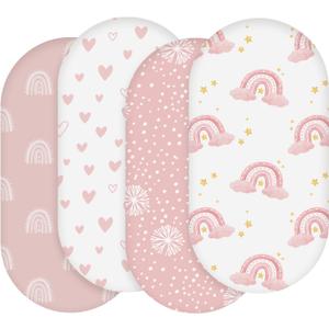 Soarwg Kids Bassinet Sheets 4 Pack, Bassinet Sheets for Baby Boy and Girl, Bassinet Sheet Neutral, Fit for Rectangle, Round, Oval, Hourglass Mattress, Flexible for Different Bassinet Pad/Mattress (Starlit Rainbow (Pink))