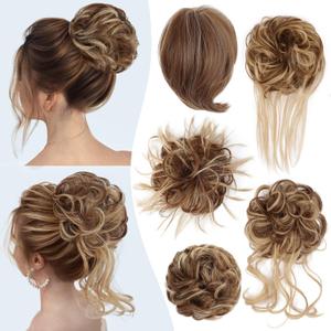 HMD 5 Pieces Messy Hair Bun Hairpiece Tousled Updo for Women Hair Extension Ponytail Scrunchies with Elastic Rubber Band Long Updo Messy Hairpiece Hair Accessories Set for Women12H24 (Light Golden Brown & Golden Blonde)