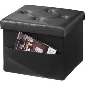 AmasSmile Storage Ottoman Folding Foot Rest Stool, Leather Footstool Bench, Short Ottoman Stool, Storage Foot Rest Store, Books (Side Pocket Black, 17" D x 13" W x 13" H)