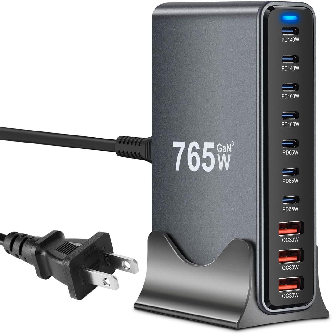 10 in 1 & 765W USB C Charger Block MultiPort USB Charging Station GaN III Fast Charging Hub, PD 140W Laptop Charger Adapter for MacBook Pro/Air, i-Pad Pro/Air, Phone 17/16/15, Galaxy S24/S23