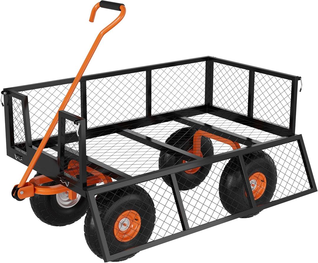 Heavy Duty Steel Garden Cart, 500 LBS Capacity 3 in 1 Pullable Garden Wagon with 10" Wheels, for Gardening Soil, Tools, and Plant Transport (Black Orange)