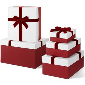 Cholemy Wine Red Valentine Velvet 5 Pcs Square Gift Boxes with Lid and Ribbon Assorted Size Nesting Decorative Box Wrap for Present Wedding Graduation Birthday Anniversary Party Favor