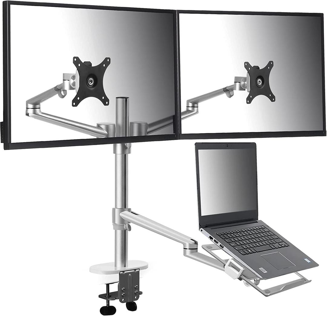 Height Adjustable 3 in 1 Mount Compatible with 13 to 17.3 inch Laptop, Hold 2 Monitors 11 to 27 inch with Vesa, Monitor Desk Stand arm Riser Mount Stand Workstation (Silver)