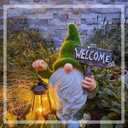 Garden Gnome Statue Outdoor Decor Large Flocked Resin Gnome Figurine with Solar Light Holding Lantern Welcome Sign Garden Yard Decorations Dwarf Sculpture for Outside Patio Porch Lawn Decor.