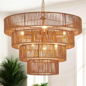 Boho Rattan Chandelier Farmhouse 6-Lights Hand-Woven Bamboo Chandelier Light Fixture Vintage Rustic Wicker Rattan Golden Chandeliers for Dining Room, Bedroom, Kitchen, Living Room, E12 (Gold 19.7")