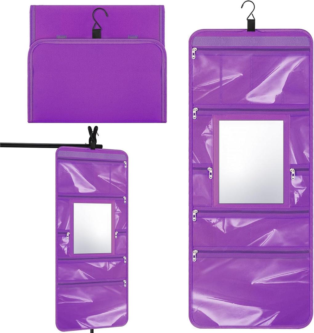Hanging Toiletry Bag with Mirror for Men Women Travel Kit Large Foldable Beauty Dance Makeup Bag Organizer Storage Waterproof Roll up Cosmetic Case Accessories for Bathroom Shower(Purple)