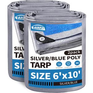 TARPAL Tarp 6x10 Feet (2 Pack) Tarp Waterproof Small tarp 7.5mil Waterproof tarps for Outdoors,UV Protection,Rip and Tear Proof,Poly Tarpaulin(Silver/Blue)