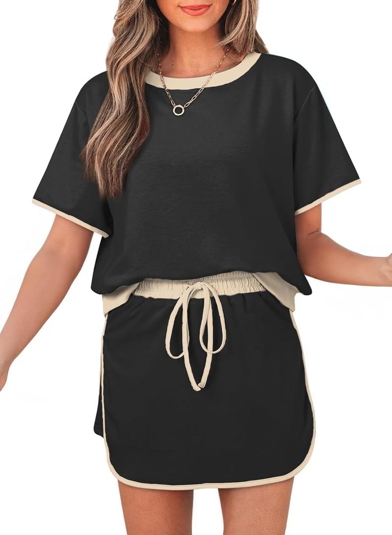 Women's 2 Piece Sets Summer Casual Short Sleeve Tops and Matching Drawstring Skort Going Out Lounge Outfits (X-Large, Black)
