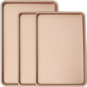 3-Pack Nonstick Carbon Steel Baking Sheet Set | Heavy Duty 0.8mm Cookie Sheets - Large 17.8"x12" & 2 Medium 15.7"x10.8" Commercial Gold Pans for Oven, Roasting & Toaster