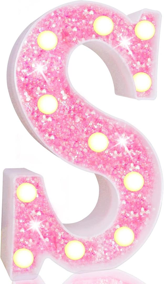 Pooqla LED Marquee Letter Lights, Pink Glitter Light Up Letters Alphabet Sign Battery Powered Night Light, Birthday Party Wedding Girls Gifts, Christmas Room Dorm Bedroom Decoration, Pink Letter S (Warm White)