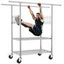 FYBEE 100% Stainless Steel Heavy Duty Clothes Rack, Load 960LBS, Double Rod, Extendable Rolling Garment Rack with Shelves, Modern Style, Recommended for Clothes & Accessories