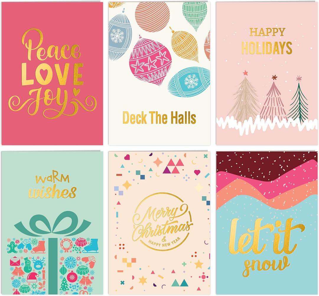 easykart labels 18 Christmas Cards Assortment with Envelopes & Sealing Stickers,6 Pastel Colour Holiday & Christmas Theme Designs, 5.75" x 4.25" For Friends, Family and loved Ones