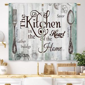 Teal Farmhouse Rustic Kitchen Curtains Wooden Wood Small Short Cafe Window Curtains Vintage Fork Spoon Retro Rod Pocket Bathroom Living Room Bedroom Drapes Treatment 2 Panels (27.5x39 Inch)