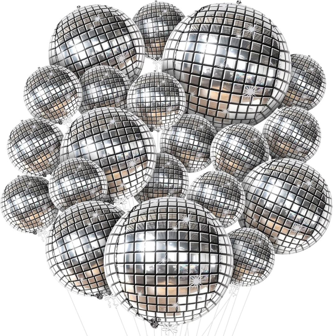 KatchOn, Silver Disco Ball Balloons - 32 Inch, Pack of 20 | Shiny Disco Ball for Disco Party Decorations | 4D Sphere Disco Balloons for Disco Bachelorette Party Decorations | Silver Birthday Decor