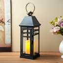 TRIROCKS Decorative Vintage Candle Lanterns 15.5" H Farmhouse Outdoor Hanging Lanterns with Tempered Glass for Porch, Balcony, Patio, Home, Centerpieces, Indoor, Outdoor(Black with Gold top)