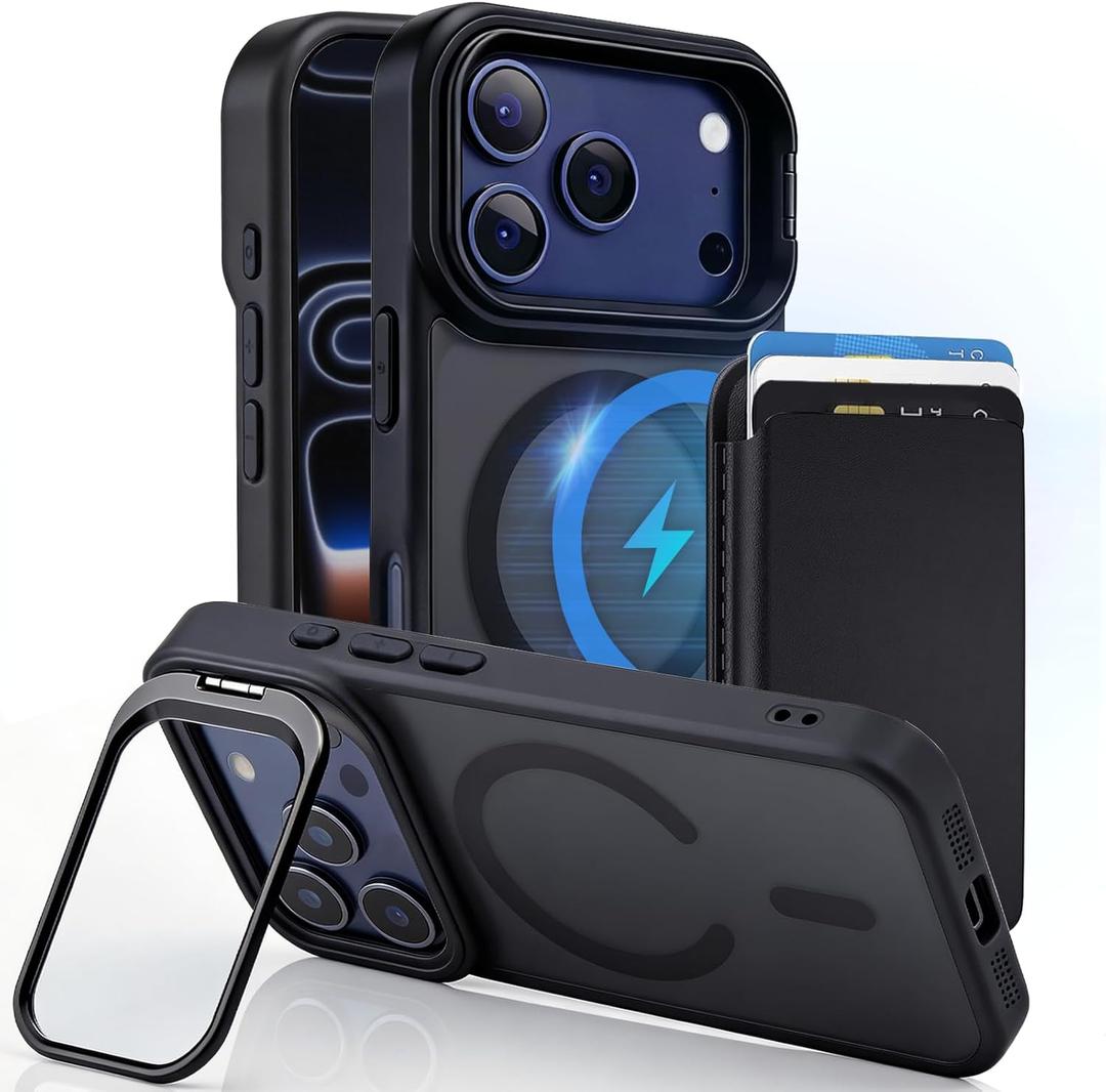 Magnetic for iPhone Case with Card Holder, Camera Kickstand, Slim Shockproof Protective Cover, Spring-Loaded Card Wallet, MagSafe Compatible (Black, iPhone 17 Pro)