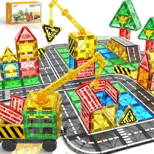 Magnetic Tiles Road Building Blocks - Magnet Crane Car Set for Kids Ages 3-5 4-8 5-7 Preschool City Construction Kids Games Dinosaur Toddler Toys for 3+ Year Old Boys Girls Christmas Birthday Gifts