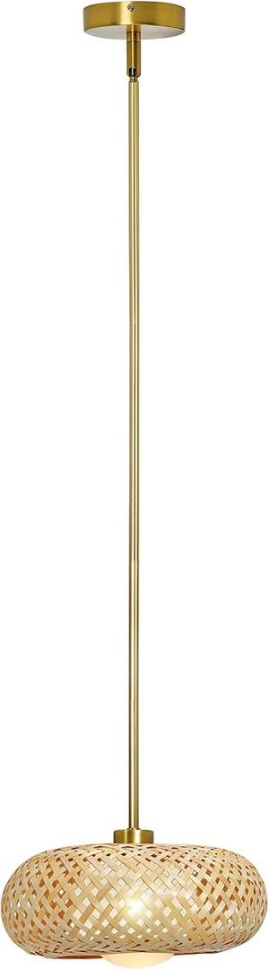 Bamboo Opal Glass Brass Pendant Light Fixture, 9.8 Hand-Woven Bamboo Shade, for Kitchen Island Living Room Bedroom, Modern Farmhouse Boho Light Fixture