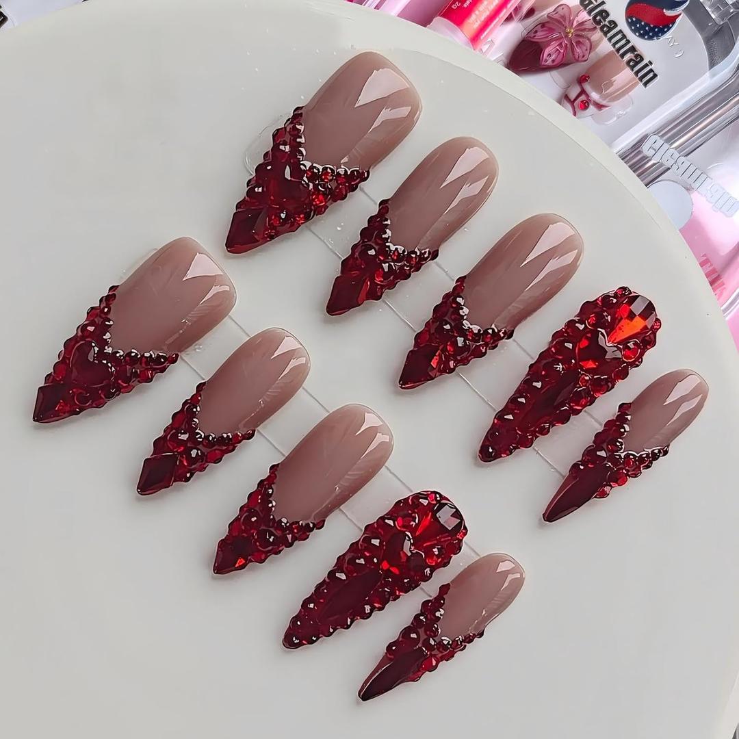 French Stiletto Press on Nails Nude Base Red Rhinestone Decor Glamorous for Prom and Party Birthday Gift for Women M Size 1132HD